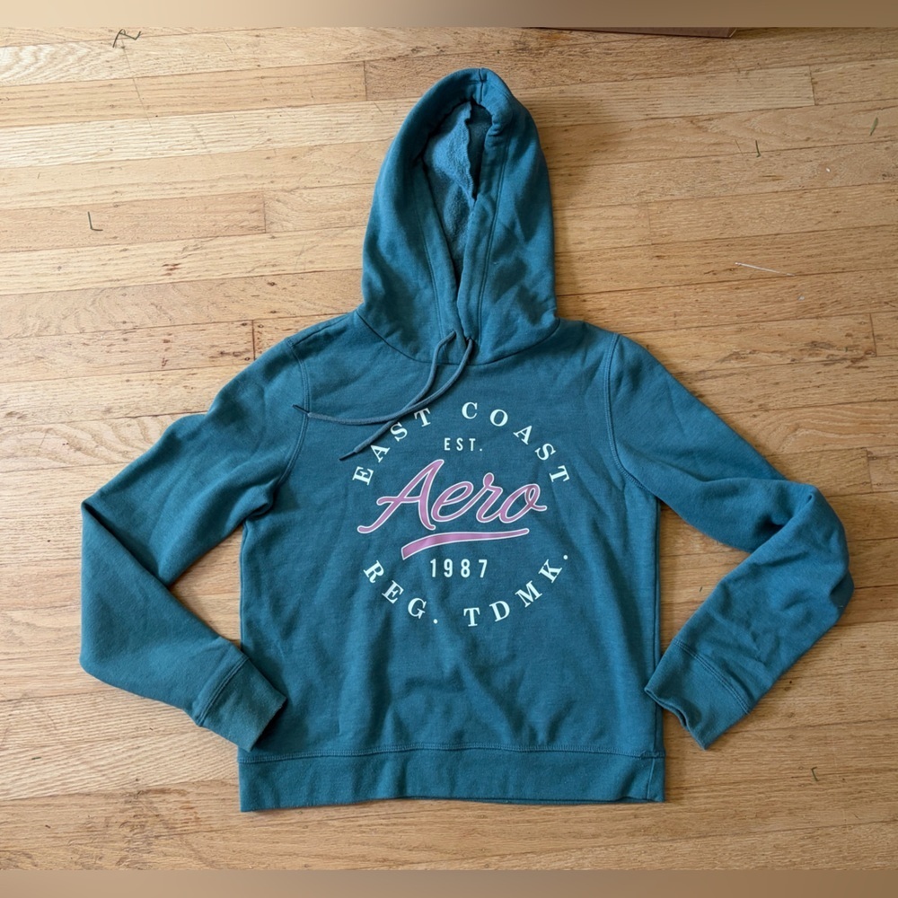 Aeropostale graphic hoodie sea foam green with pink and white graphic super soft